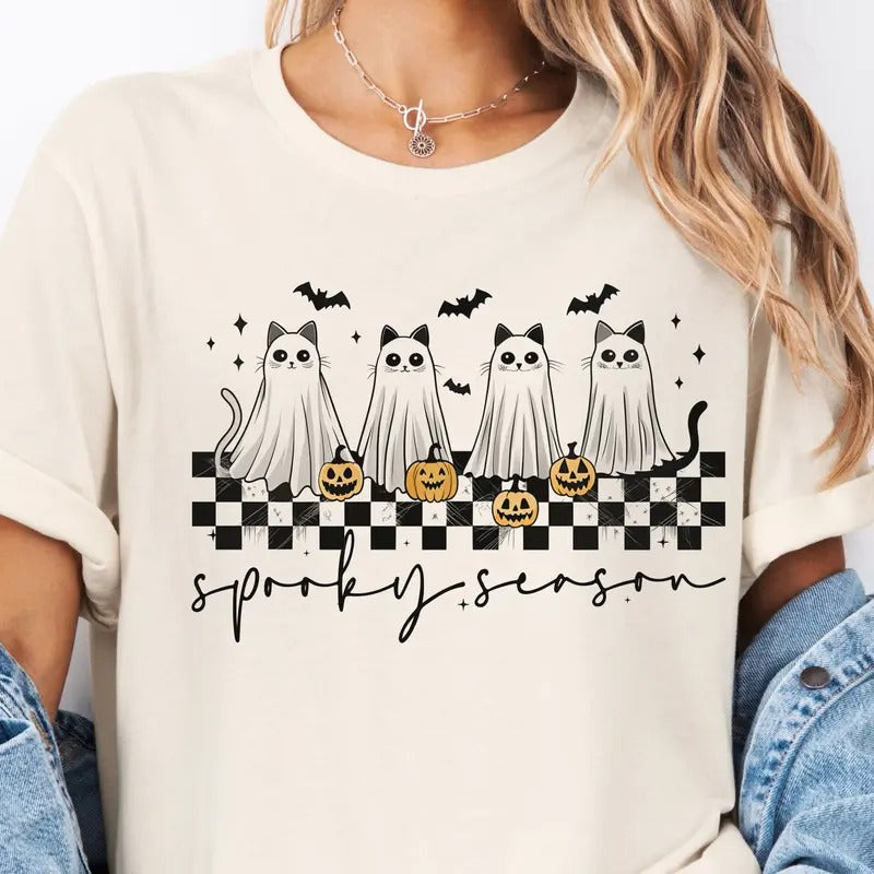 Cat Halloween Spooky Season Cat Halloween Funny Cat Cat Lover Halloween Top Retro Checkerboard Spooky Season T-Shirts, Hoodie, Sweatshirt