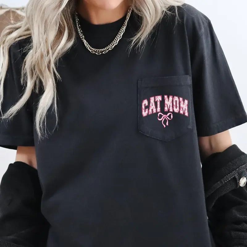 Cat Mom, Coquette, Pocket, Ribbons, Bows Pocket Tee, Women's Comfort Colors Tee Hoodie, Sweatshirt | GrindPrints.com