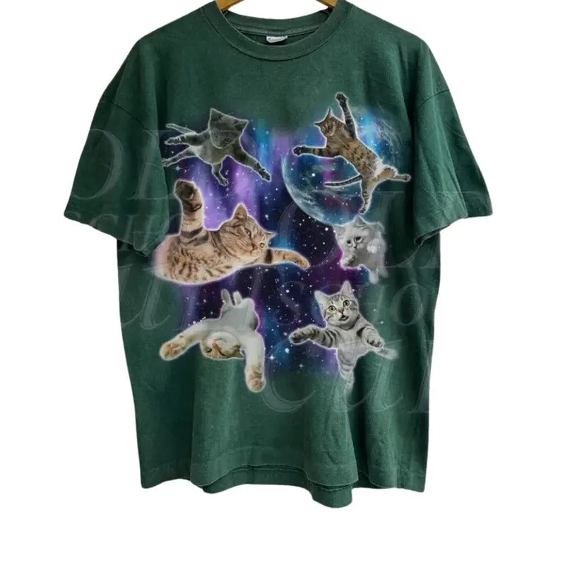 Cats Floating In Galaxy Vintage 90s T-Shirt, Retro Funny Cat Unisex Tshirt, Funny Cat Meme Shirt, Kitten Lovers Tee,...