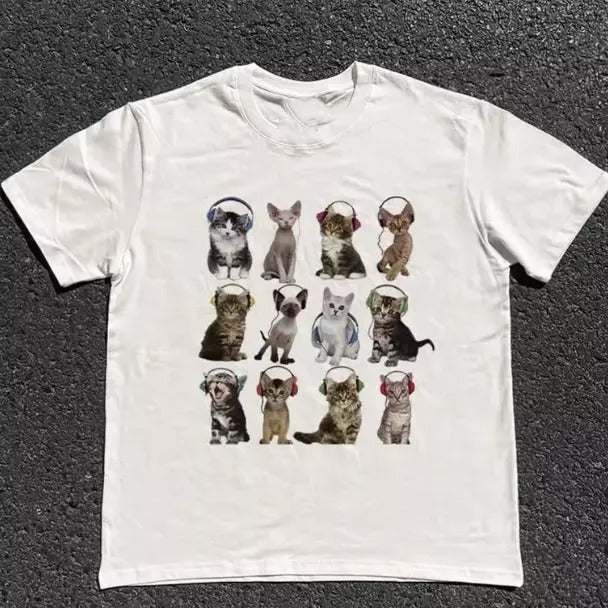 Cats HeadPhone T-Shirt, Unisex Vintage Graphic Tees Gothic Grunge Y2k Emo Scene Amity Affliction Style Clothes Men Women...