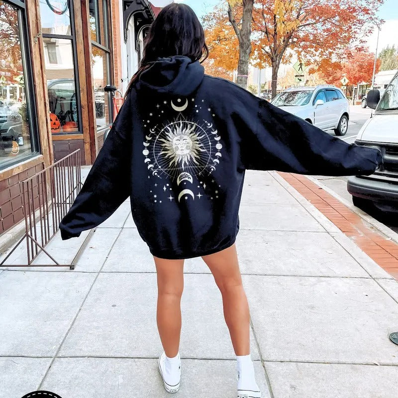 Celestial Boho Sun & Moon Phase Hoodie, Back Print Whimsigoth Sweatshirt, Spiritual Hoodie T-Shirts | GrindPrints.com