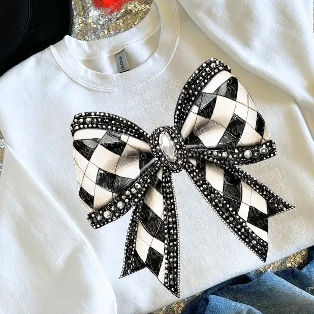 Checker Bow Faux Rhinestone DTF Transfers - THIS IS NOT A SHIRT Hoodie, Sweatshirt | GrindPrints.com
