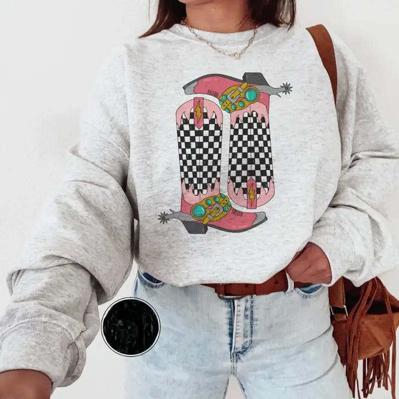 Checkered Boots Sweatshirt, western clothing hoodies, western outfits women, western tops T-Shirts | GrindPrints.com