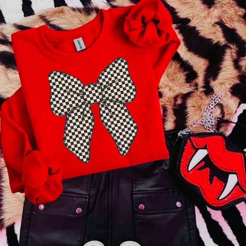 Checkered Bow Sweatshirt, Graphic Crewneck Sweatshirt, cowgirl outfits, western clothing, western tops outfits women,...