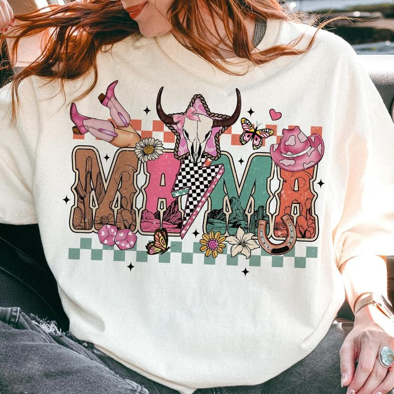 Checkered Howdy Mama T-Shirt, Western Mama T-Shirt, Cowhide Mama Shirt, Cowgirl Mama, Mothers Day Gifts Hoodie, Sweatshirt