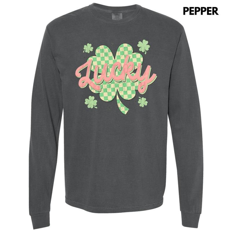Checkered Lucky Shamrock Long Sleeve Comfort Colors T-Shirt Hoodie, Sweatshirt | GrindPrints.com