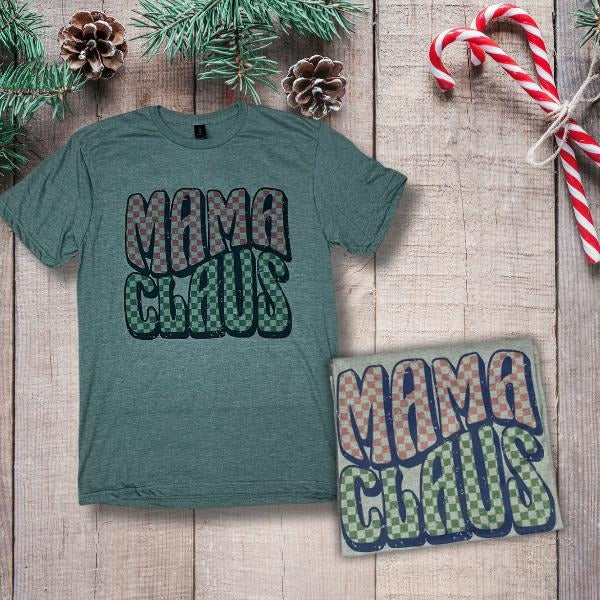 Checkered Mama Claus Tshirt- Soft Unisex Fit- Military Green Hoodie, Sweatshirt | GrindPrints.com