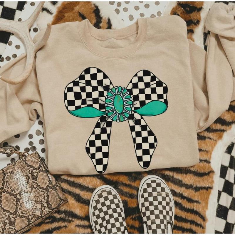 Checkered Turquoise Ribbon Sweatshirt, western clothing hoodies, western outfits women, western topsstyle{n002}2 T-Shirts