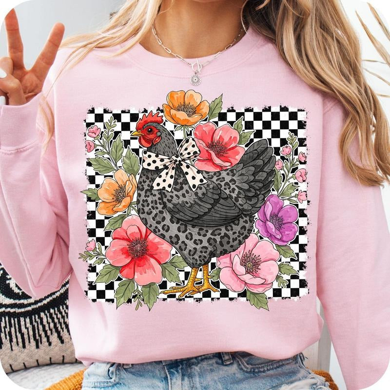Checkered WildFlower Chicken Crewneck Sweater, Chicken Lover Tee, Cute Country Floral Hen Gift, Farm Animal Tee Hoodie,...