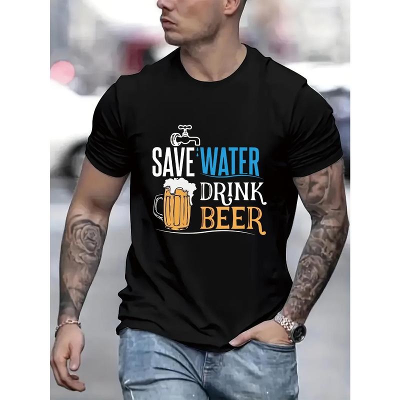 Cherish water and drink more beer. Men's creative printed casual novelty T-shirt, summer spring short sleeve top,...
