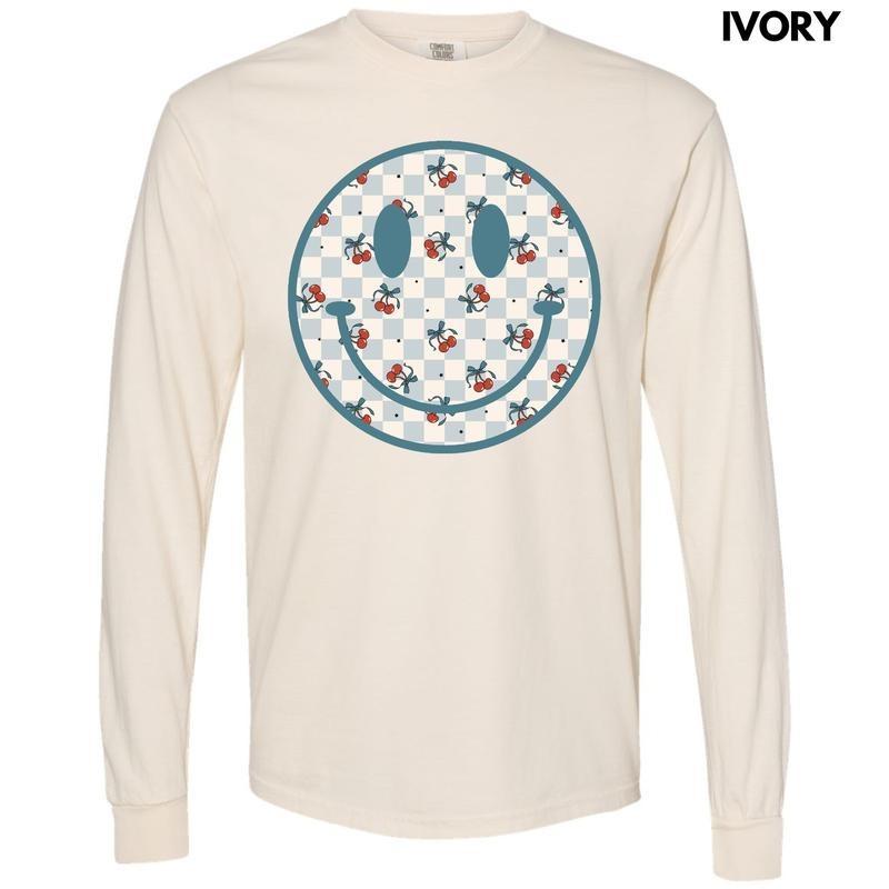 Cherry Checkered Happy Face Long Sleeve Comfort Colors T-Shirt 'NLB' Hoodie, Sweatshirt | GrindPrints.com