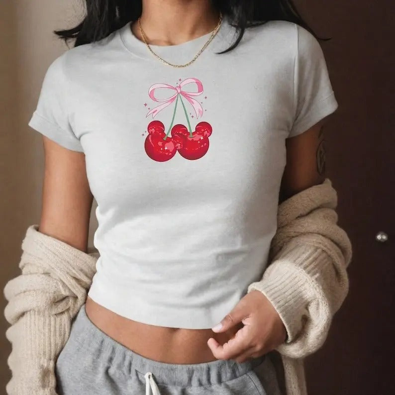 Cherry Mouse Coquette Baby Tee, Bow Womens Y2K 90s Shirt Princess Aesthetic Top, Trendy Family Vacation Outfit, Soft Girl...
