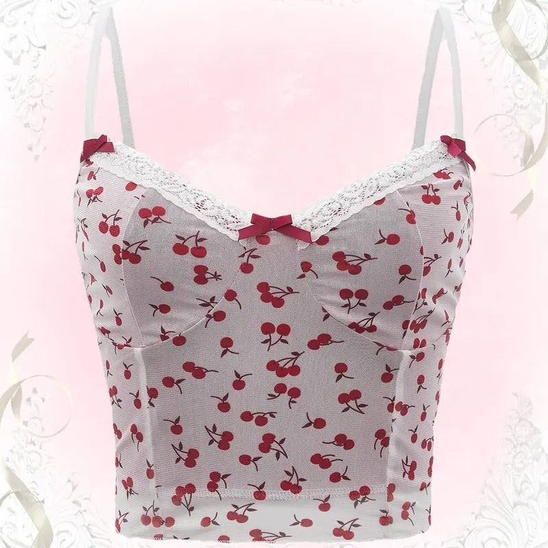 Cherry Print V Neck Summer Cami Top Bow Lace Trim Sleeveless Summer Crop Tops T-Shirts, Hoodie, Sweatshirt | GrindPrints.com