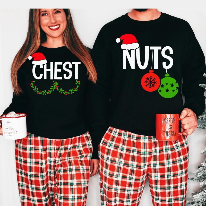 Chest Nuts Christmas Sweatshirts, Couples Christmas Shirts, Family Holiday Sweater, Christmas Gift For Couple, Long...