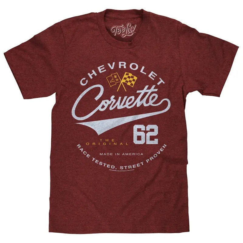Chevrolet Corvette 62 Race Tested Street Proven T-Shirt - Crimson Heather Hoodie, Sweatshirt | GrindPrints.com