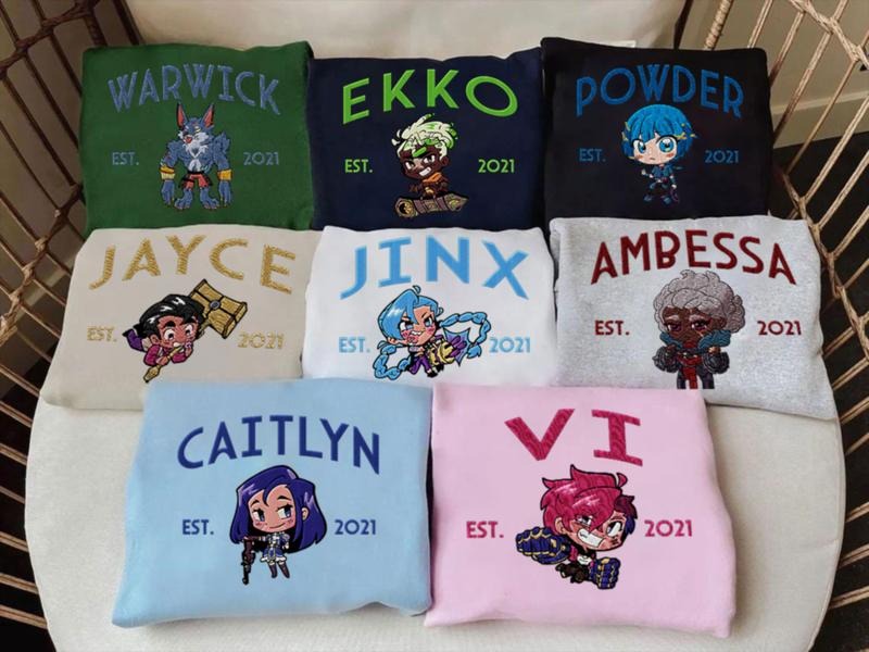 Chibi Arcane Characters Embroidered Sweatshirt, Embroidery Anime Tshirt&Hoodie, Anime Shirt, Unisex Gift | GrindPrints.com