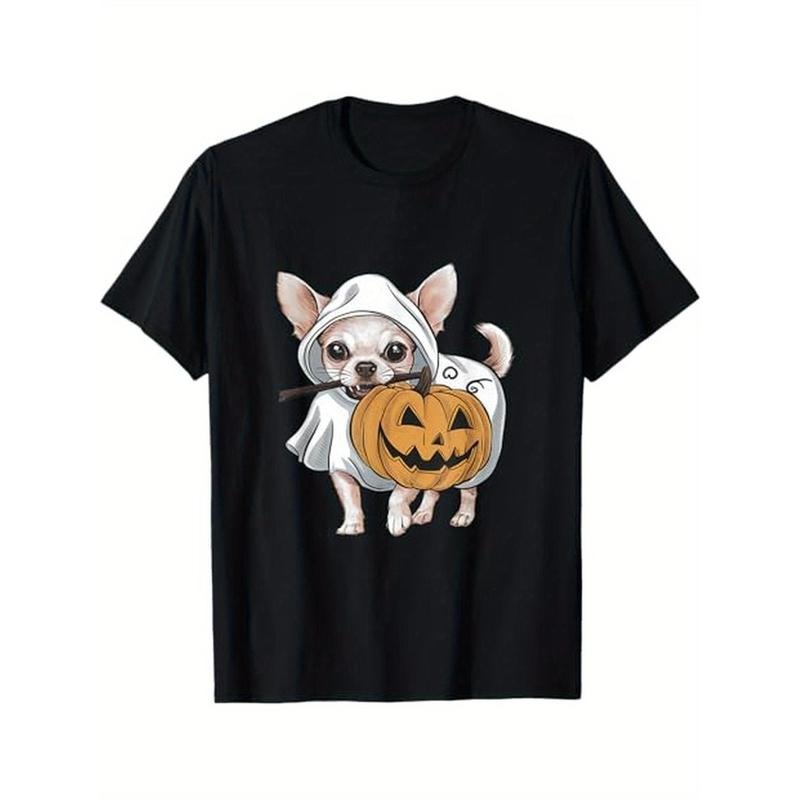Chihuahua Ghost Dog Pumpkin Cotton Crew Neck Knit Fabric Slight Stretch Regular Fit Casual Applique Detail Ideal Thanksgiving & Made USA T-Shirts, Hoodie, Sweatshirt
