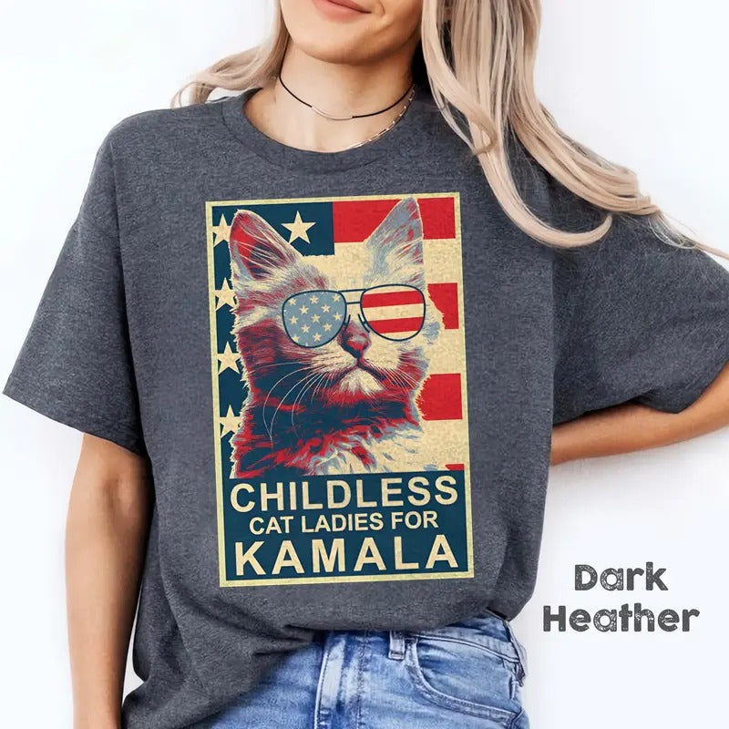 Childless Cat Lady Kamala Shirt, Ladies for Kamala Harris President 2024 Unisex T-Shirt Hoodie, Sweatshirt | GrindPrints.com