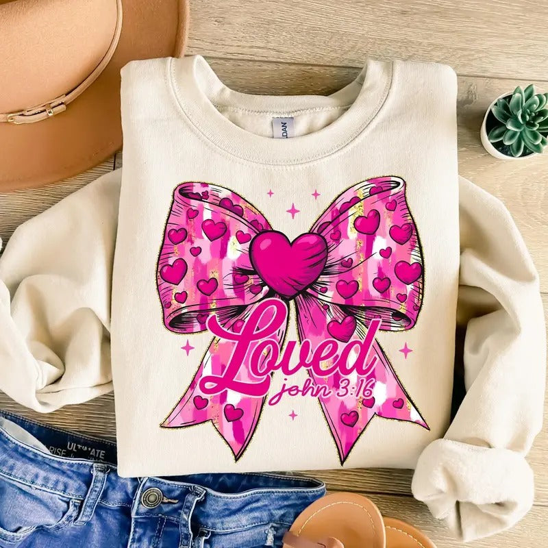 Christian Valentines Sweatshirt, Loved John 3:16 Sweatshirt, Retro Valentine Shirt, Pink Valentines Coquette Heart...