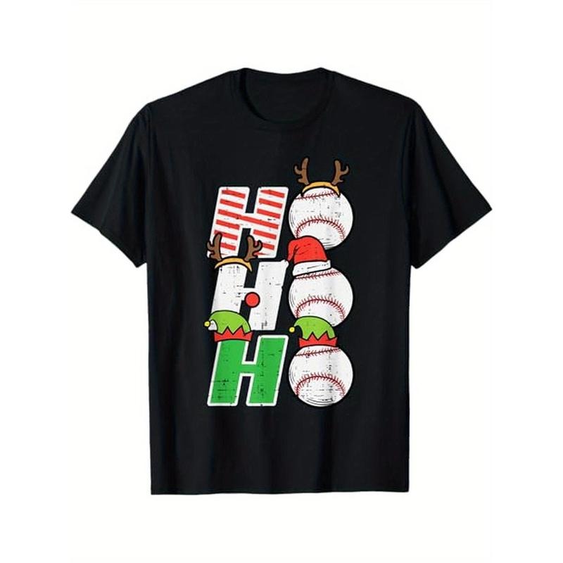 Christmas Baseball Ho Ho Ho Funny Xmas Sports T-Shirt. 100% Cotton, Christmas Gift for Family and Friends, Black T-Shirt, S