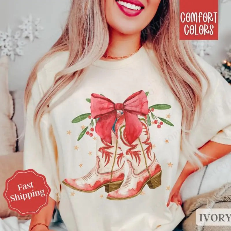 Christmas Boots Shirt Holiday Tshirt,  Country Christmas Tee, Women's Holiday Tee Hoodie, Sweatshirt | GrindPrints.com