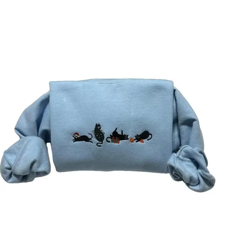 Christmas Cats Embroidered Sweatshirt | Cozy- Comfort Holiday Cat Lovers Gift T-Shirts, Hoodie | GrindPrints.com