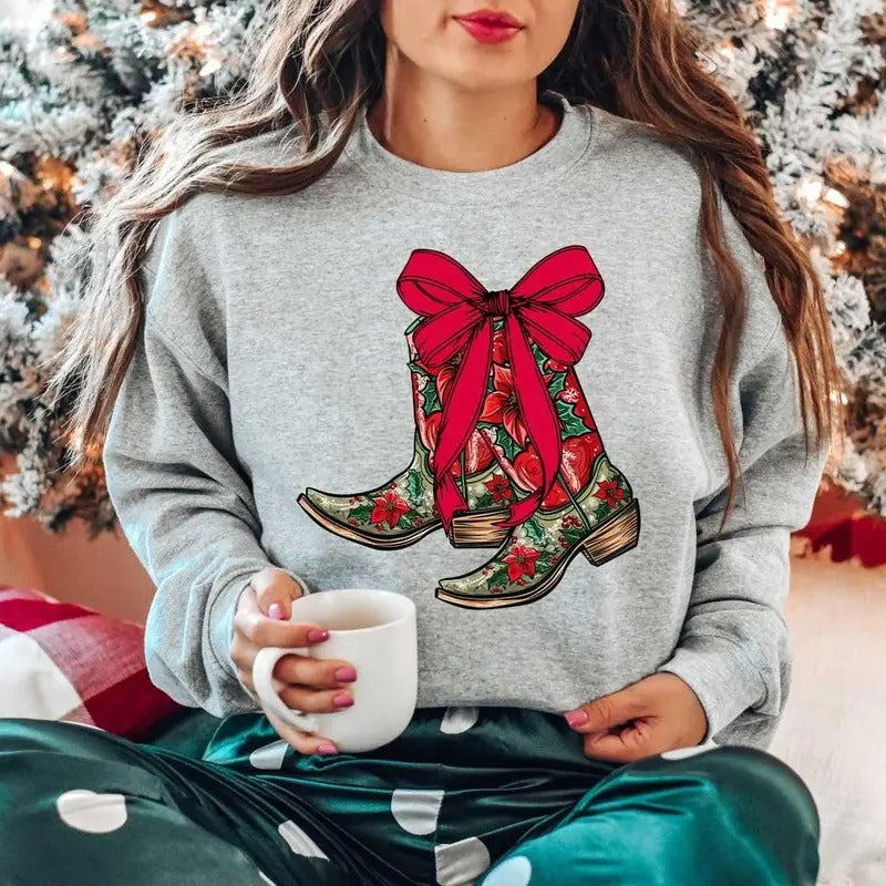 Christmas Coquette Boots Sweatshirt, Have A Boot Scootin Merry Christmas, Western Sweatshirt, Christmas Sweater, Cowgirl...