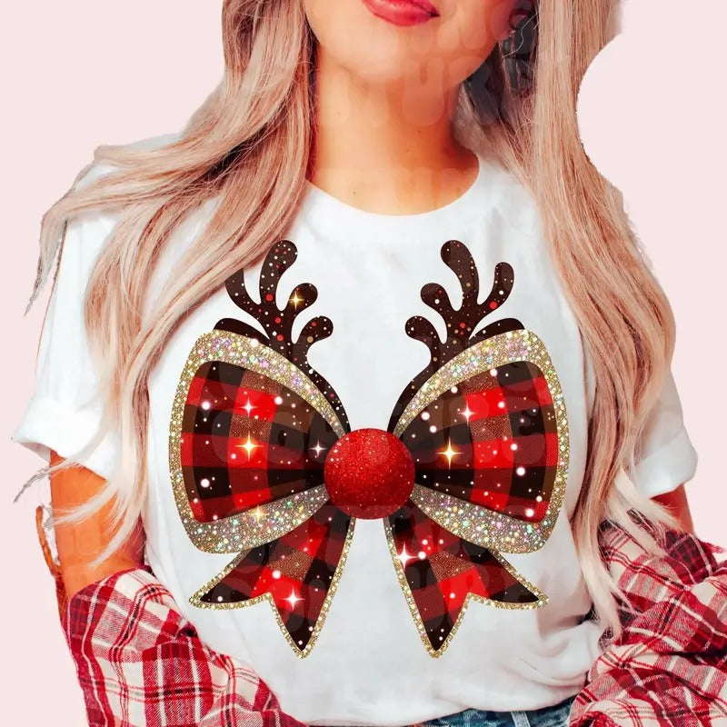 Christmas Coquette Bow Sweater, Coquette Christmas Shirt, Reindeer Bow, Christmas Santa Bow Tee, Soft Girl Era Shirt,...