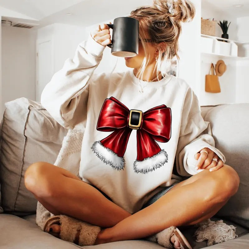 Christmas Coquette Bow Sweatshirt, Christmas Santa Bow Tee, Christmas Shirt, Soft Girl Era Shirt, Coquette shirt, Cotton...