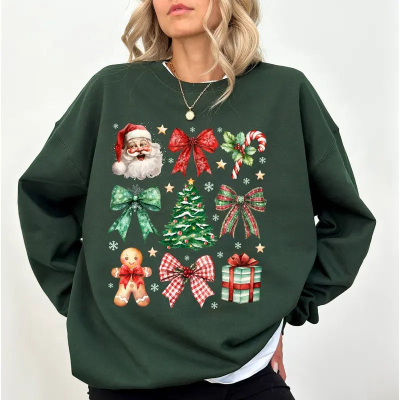 Christmas Coquette Bow Sweatshirt, Girly Christmas Crewneck for Women, Santa Claus Christmas Tree Gift Sweater, Vintage...