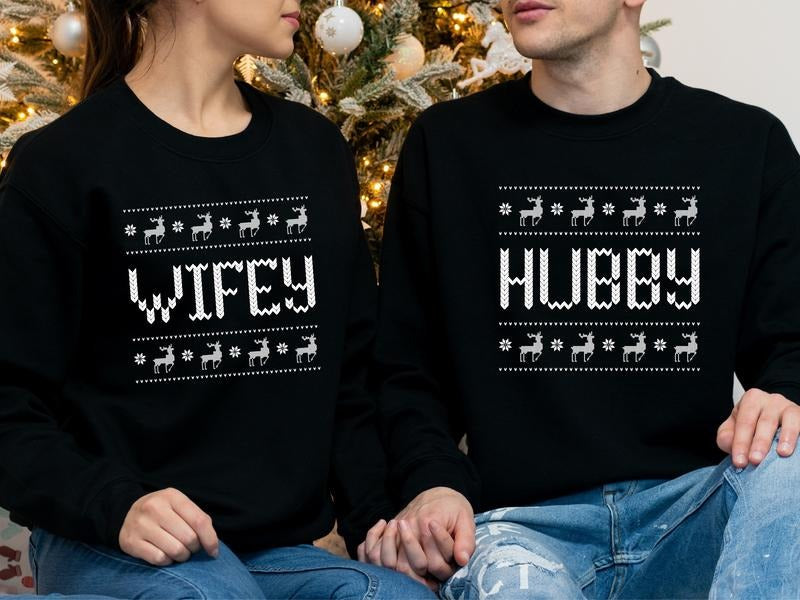 Couple Hubby Wifey Matching Newlywed Wedding Husband Wife Winter T-Shirts, Hoodie, Sweatshirt