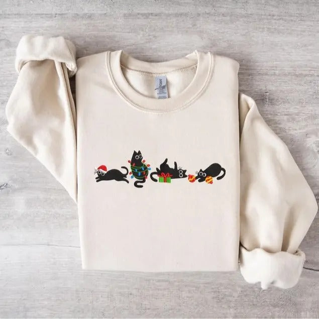 Christmas Cute Cat Embroidered Sweatshirt, Festive Holiday Cat Sweater, Cozy Christmas Pullover, Adorable Cat Lover Gift,...