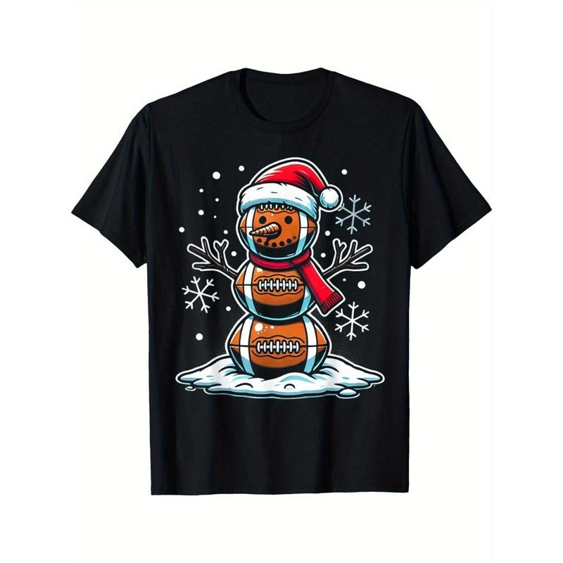 Christmas Football Snowman Holiday Sports Design T-Shirt, weight 220g. Men's high quality cotton T-shirt, comfortable,...