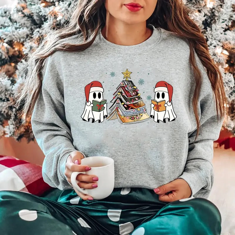 Christmas Ghost Fourth Wing Sweatshirt, Cute Ghost Reading Fourth Wing T-Shirt, Christmas Bookish Ghost Sweater, Iron...