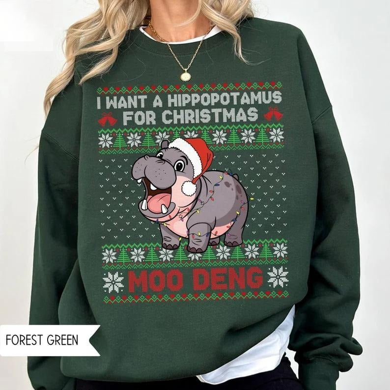 Christmas Moo Deng Sweatshirt, I Want A Hippopotamus For Christmas Sweatshirt, Hippo Ugly Christmas Shirt, I Love Moo...