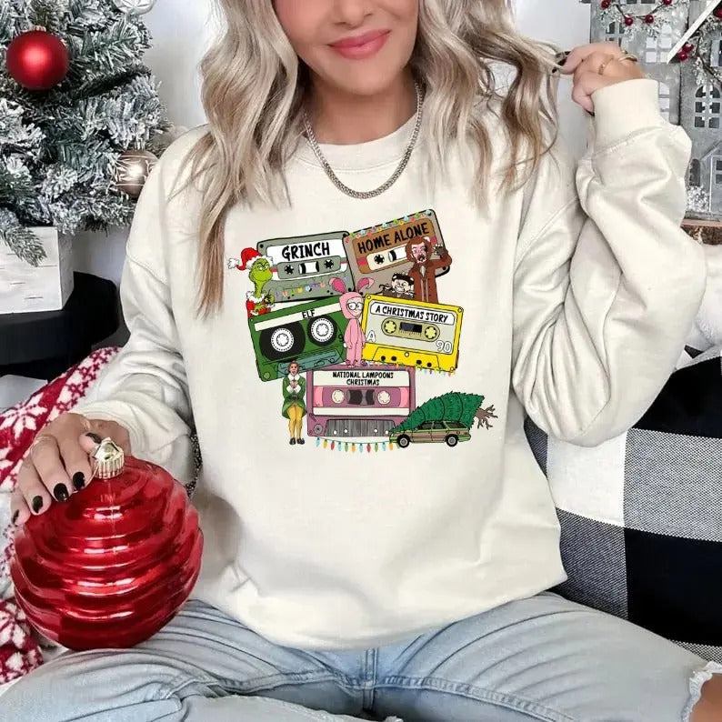Christmas Movies Shirt Sweatshirt Hoodie, Movie Tapes Sweatshirt, Family Reunion Shirt, Secret Santa Gift, Unisex Sweater...