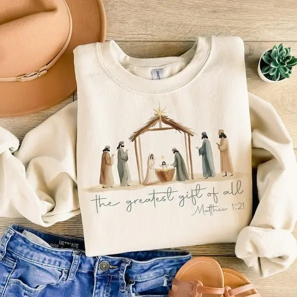 Christmas Nativity Bow Greatest Gift of All Nativity Shirt, Sublimation Shirt , Coquette Christmas Bow Sweatshirt, For...