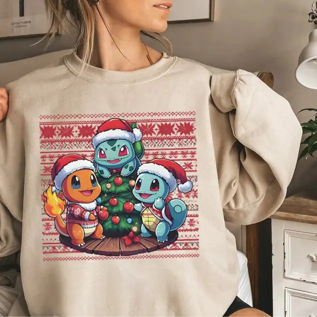 Christmas PKM Sweatshirt, Christmas Shirts for Anime Lovers,  Bulbasaur, Charizard, Turtle Hoodie | GrindPrints.com
