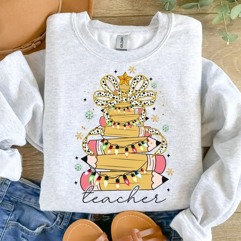 Christmas Pencil Tree Teacher SWEATSHIRT, Teacher Coquette Bow SWEATSHIRT, Teacher Christmas Shirt , Gift for Teacher,...