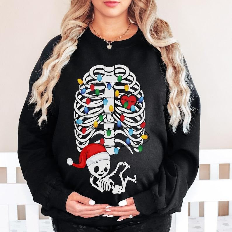 Christmas Pregnancy Announcement Sweatshirt Maternity Christmas Sweater Skeleton Pregnancy Reveal Expecting Mom To Be...
