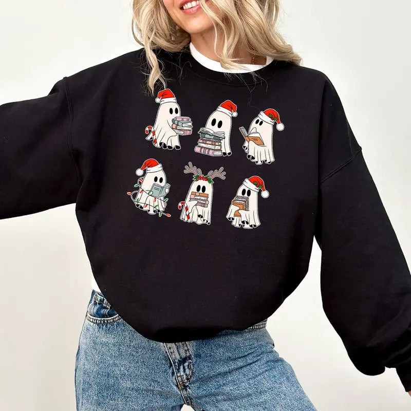 Christmas Retro Ghosts Reading Books T-Shirts Sweatshirts Teacher Librarian Christmas Gift Winter Season Trendy Christmas...