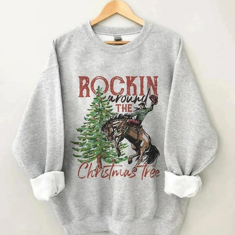Christmas Retro Sweatshirt, Rockin Around The Christmas Tree Sweatshirt, Western Sweatshirt, Cowboy Christmas Sweatshirt,...