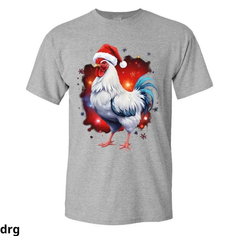 Christmas Rooster Wearing Santa Hat 3D Print, Fashion Casual Short-sleeved Round Neck T-shirt, Summer Outdoor...