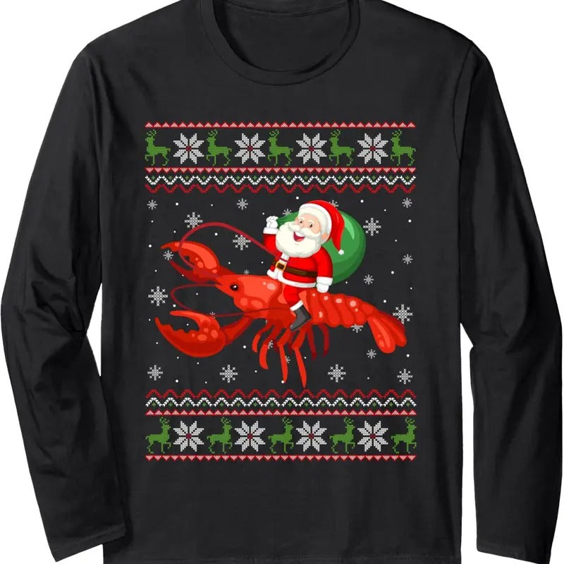 Christmas Santa Riding Lobster Funny Ugly Xmas Sweater Long Sleeve T-Shirt Hoodie, Sweatshirt | GrindPrints.com