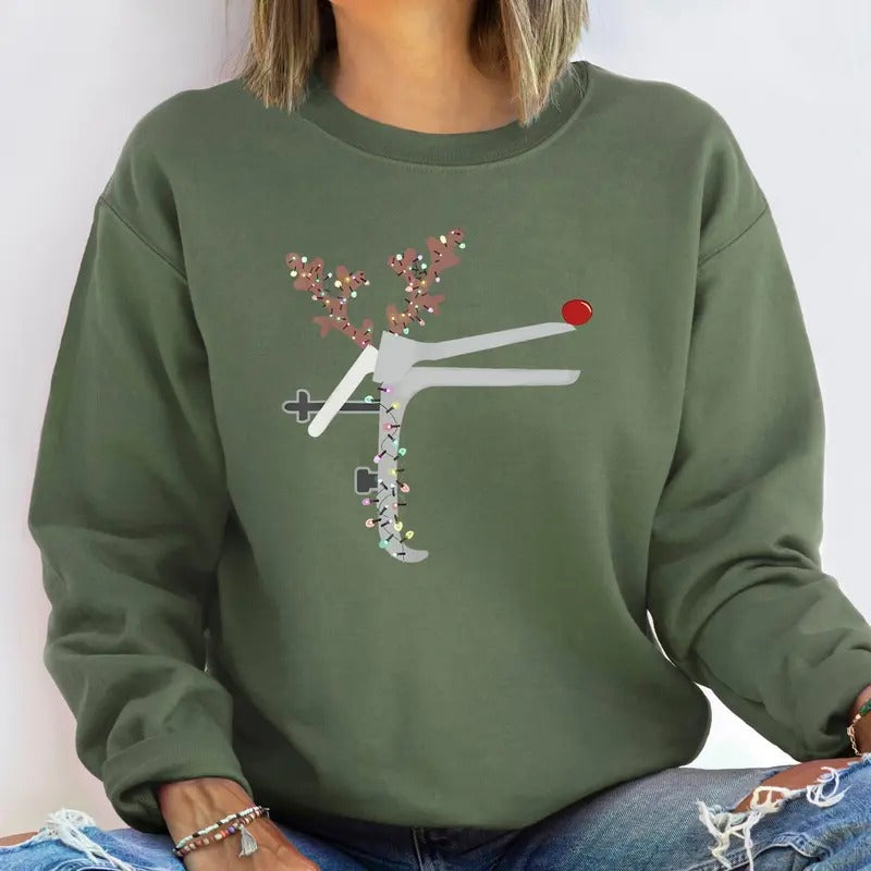 Christmas Speculum Nurse Sweatshirt, Reindeer Speculum Hoodie, Holiday Midwife Christmas Tee, OBGYN Shirt Crewneck Fabric...