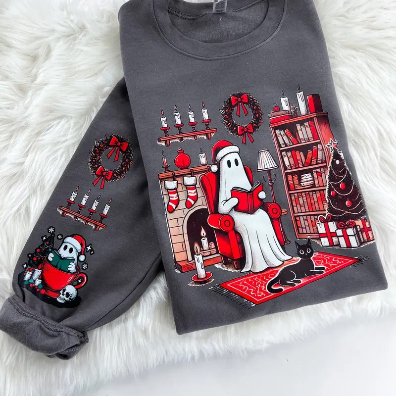 Spirit Ghost Reading Sleeve Print Comfy Sublimation Tops Menswear T-Shirts, Hoodie, Sweatshirt