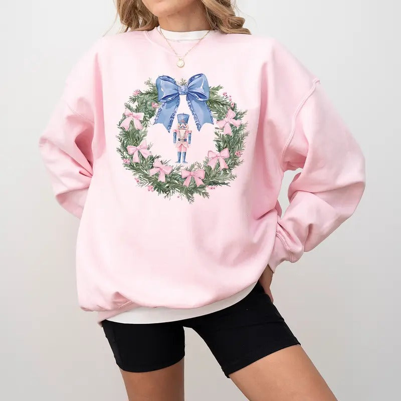 Christmas Toile Sweatshirt, Nutcracker Wreath Christmas Sweatshirt, Preppy Nutcracker, Blue Toile Coquette Bow Shirt,...