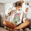 Christmas Tree Bow Shirt, Christmas Sweatshirt for Women, Toile Christmas Tree Tshirt, Christmas Coquette Christmas Shirt...