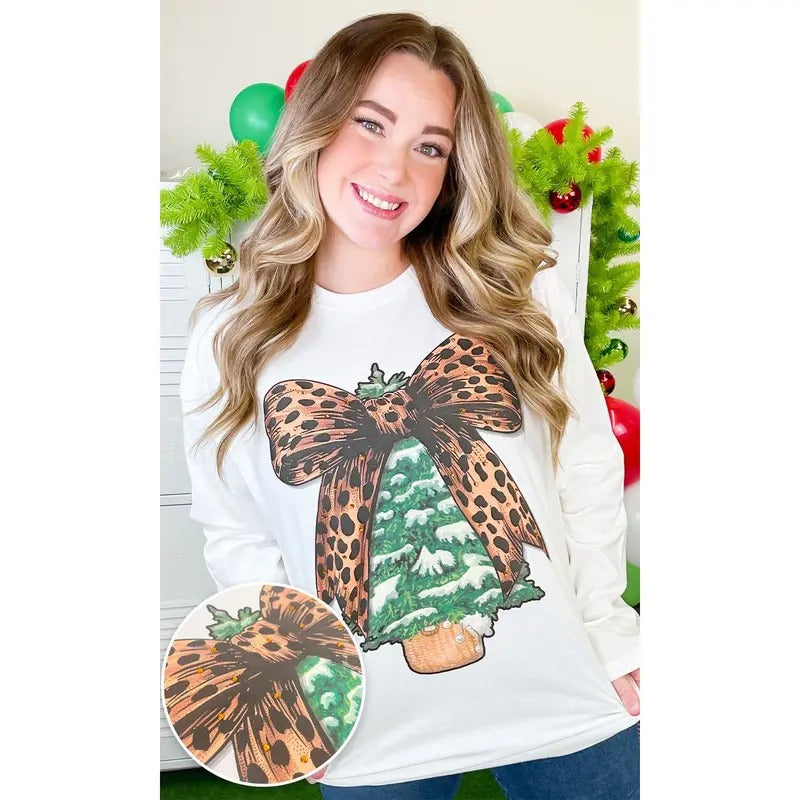 Christmas Tree Cheetah Bow Rhinestone Graphic Long Sleeve T-Shirt Hoodie, Sweatshirt | GrindPrints.com