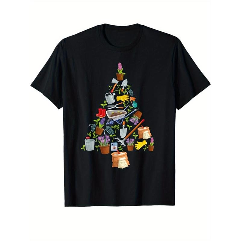 Christmas Tree Print Men's Cotton T-shirt, Graphic Tee Men's Xmas Outdoor Clothes, Men's Clothing, Casual Short Sleeve...